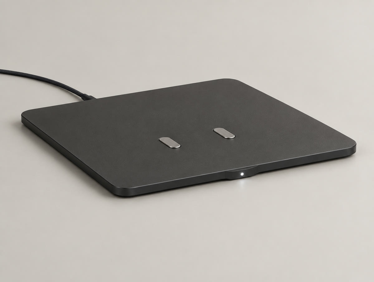 The charging plate on its own: charcoal, two flush contact pads, a status light, a fabric cable.