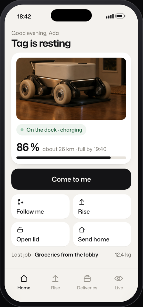 App home screen: Tag resting on its dock at 86 %, Come to me, Follow me, Rise, Open lid, Send home.