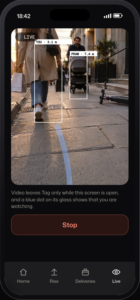 App live view: Tag's camera with detections and a Stop button.