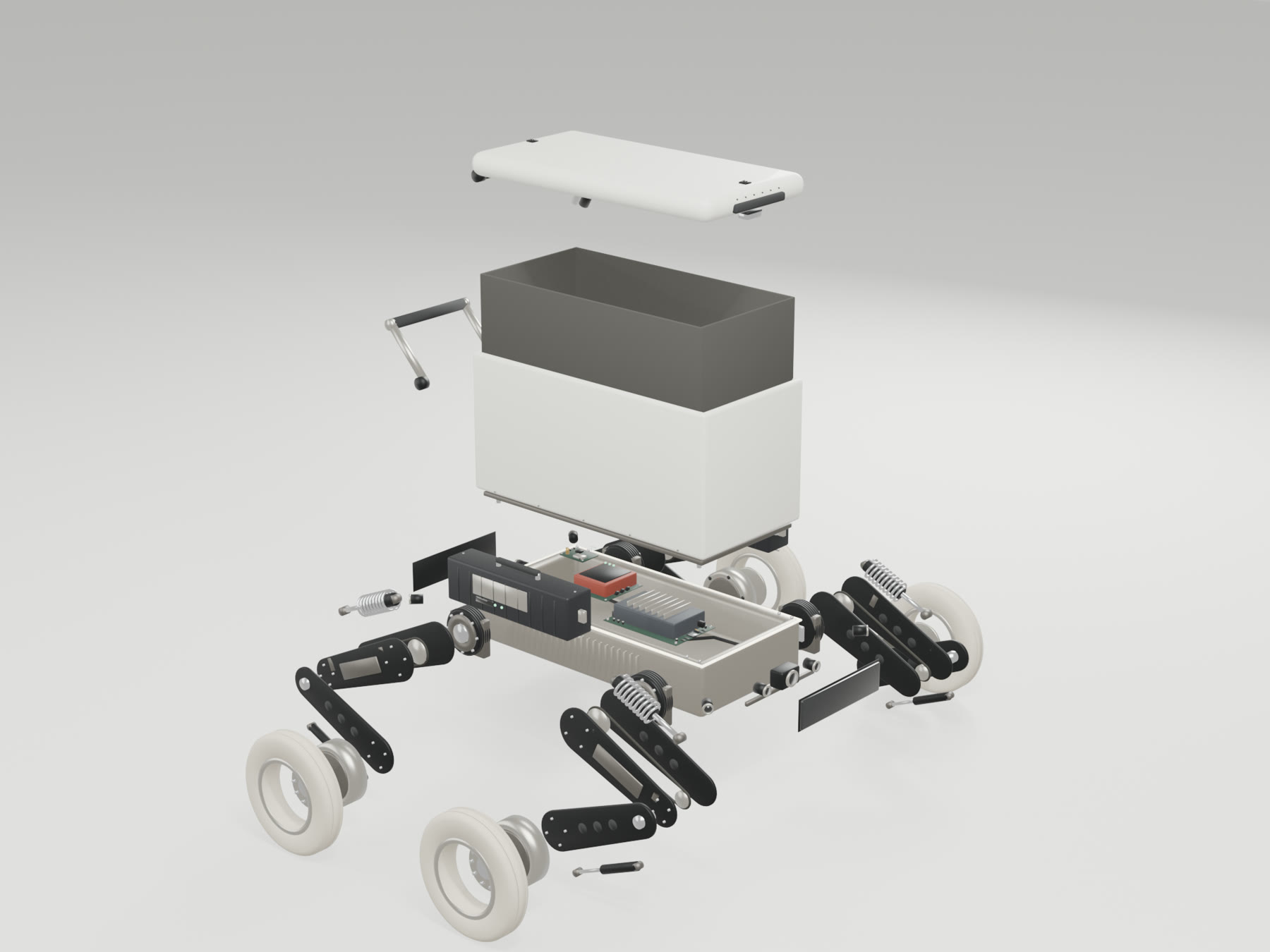 Tag exploded into its parts: lid, felt liner and bay shell above the module deck, two battery packs, compute and the safety controller inside the chassis, the front glass ahead of the lidar and stereo cameras, and each leg fanned into hip module, thigh plates, belt drive, air shock, shank, gas spring, hub motor, hub cap and tyre.