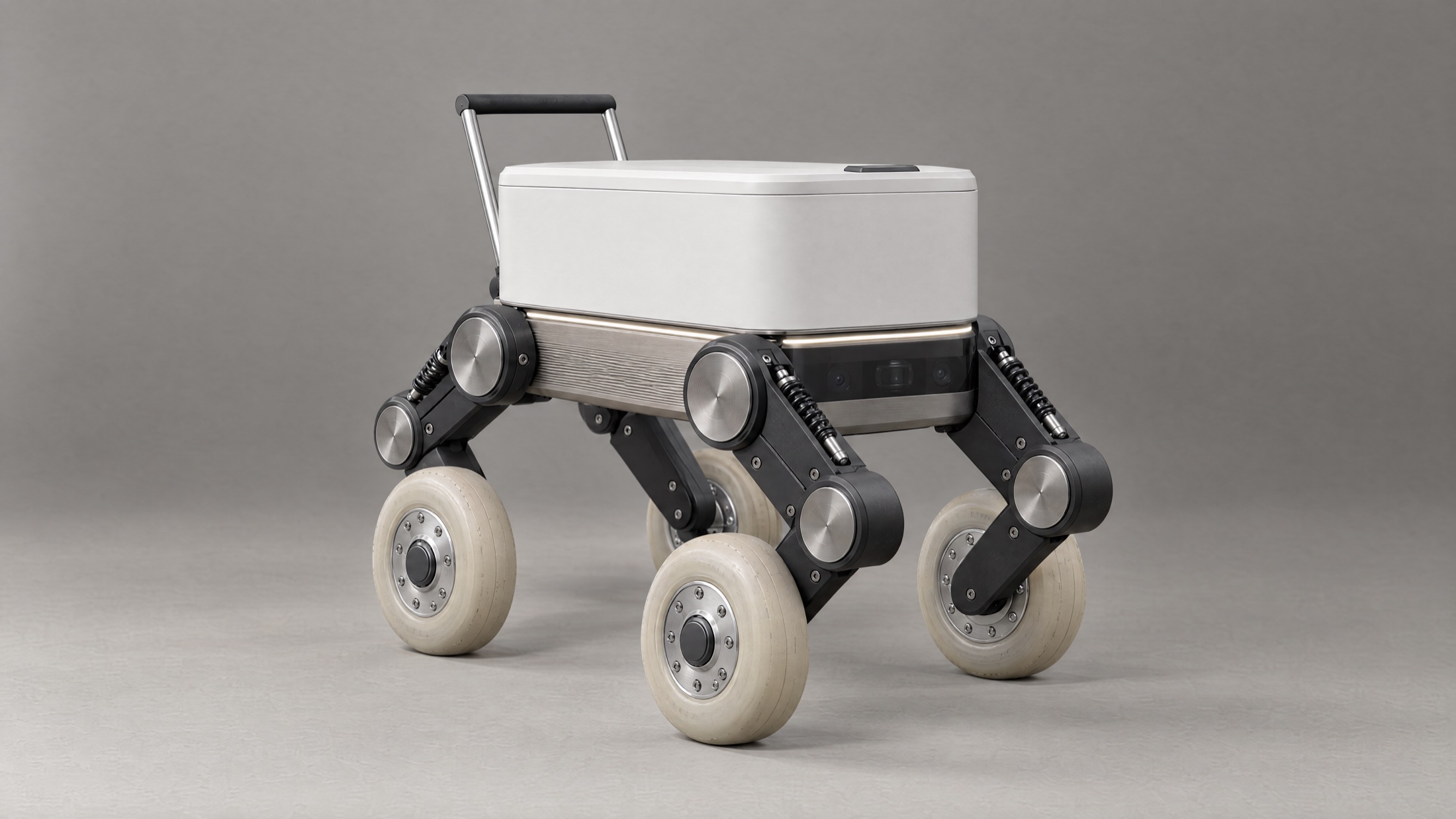 Tag revision C: titanium lower chassis, chalk-white upper shell with lid, flush smoked glass front, aluminium push handle, black CNC legs with coil-over shocks, bone polyurethane wheels on machined hubs.