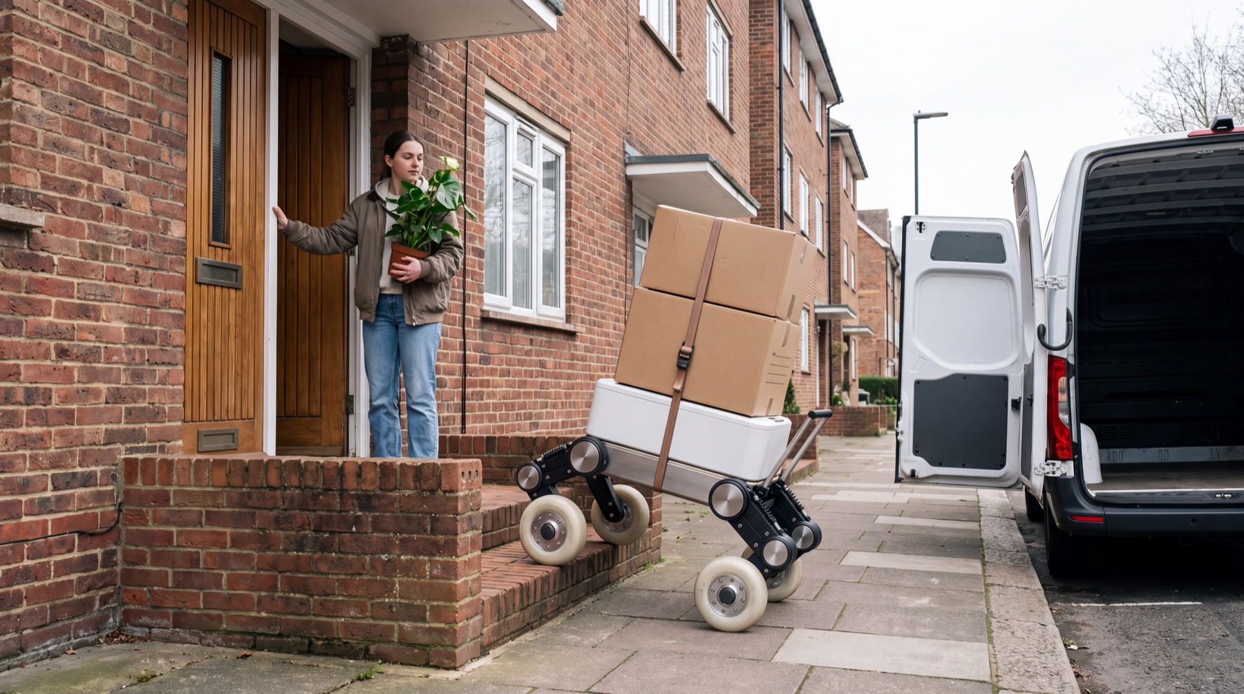 Tag carries strapped boxes up the front steps of a brick building on moving day.