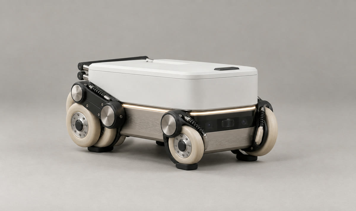 Bench stance: legs tucked against the chassis, body resting on rubber skids, wheels off the floor.
