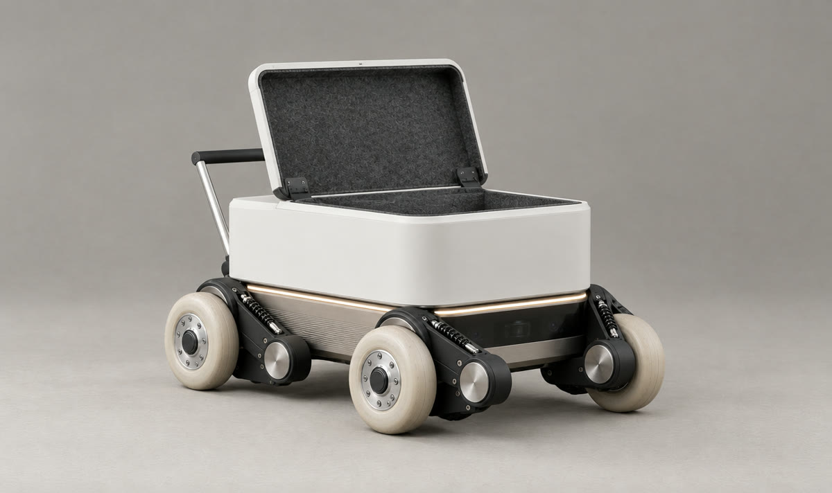 Kneel stance: legs folded so the chassis sits low, lid open over the empty felt-lined bay.