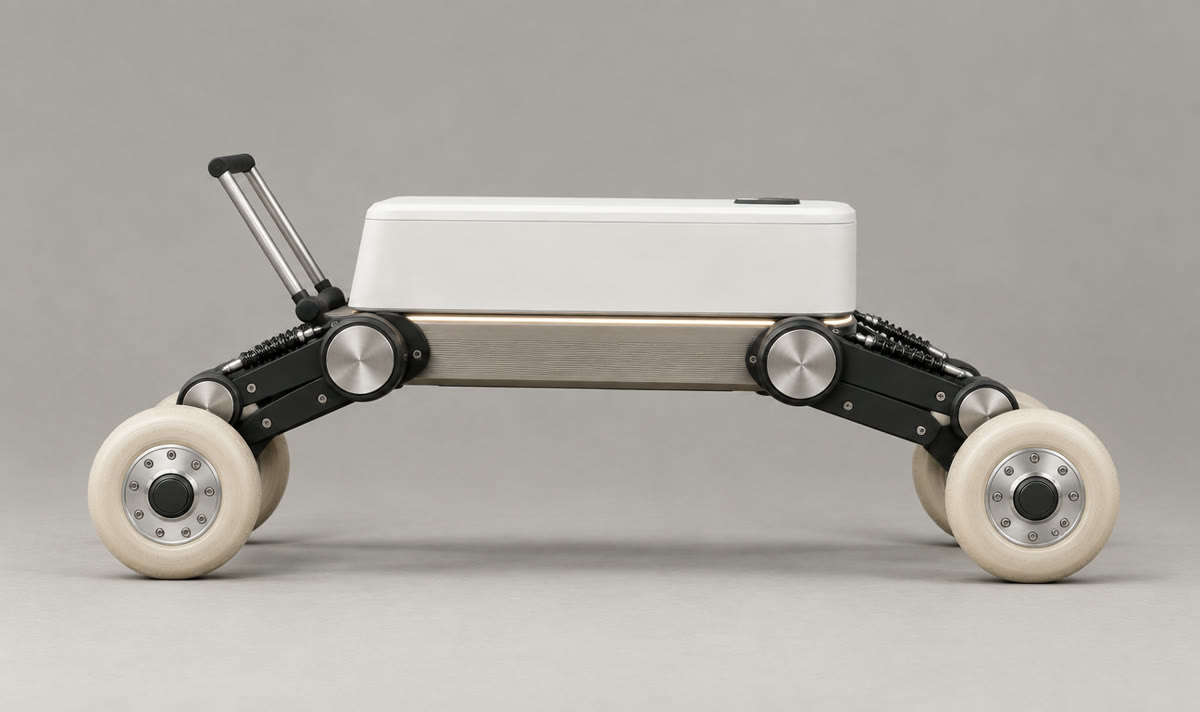 Run stance in side profile: body lowered, legs reaching forward and back for a longer wheelbase.