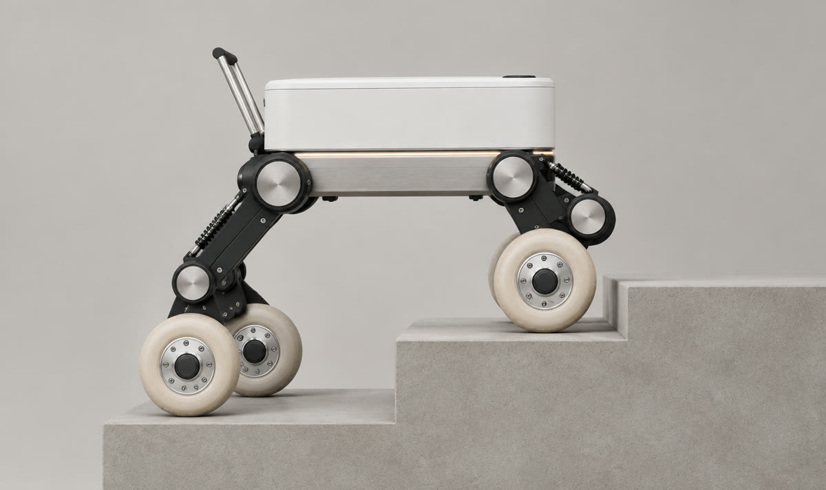 Stairs stance in side profile: front wheels on the step, rear wheels on the landing below, body level.